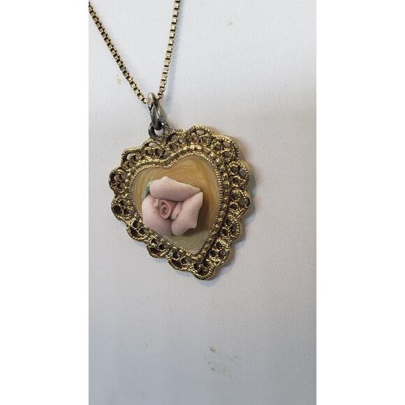 Vintage Heart Necklace Pink Porcelain Rose Gold Plated Filigree Artisan Handmade - Picture 4 of 12
